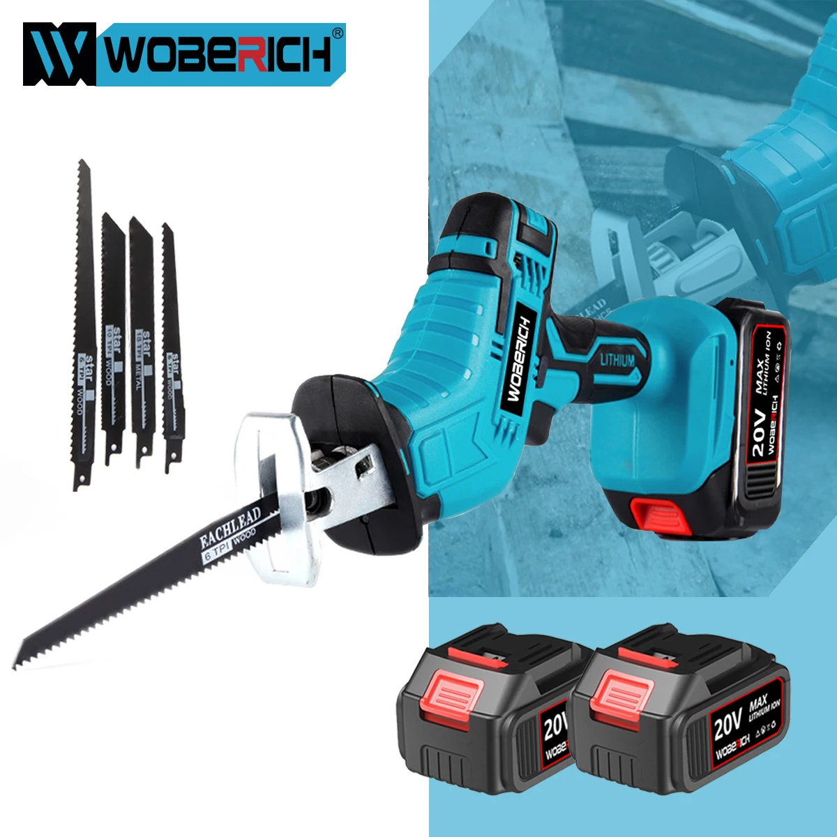 WOBERICH Cordless Reciprocating Saw Electric Saber Saw Chainsaw Wood Metal PVC Pipe Cutting With 4 Blades For Makita 18v Battery