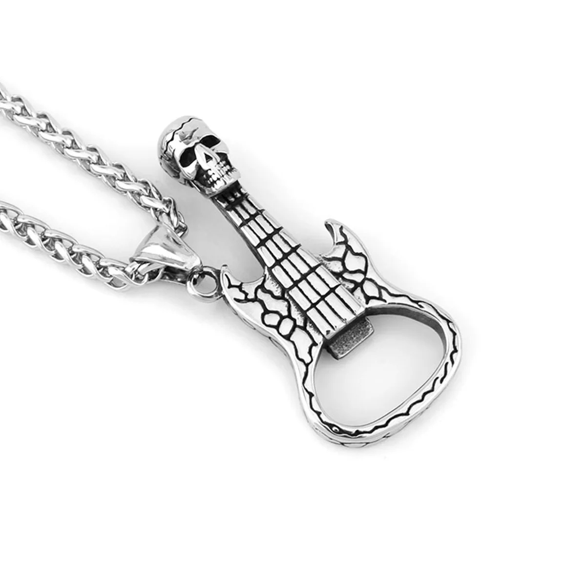 

Vintage European and American Guitar Bottle Opener Skeleton Head Men's Fashion Hip Hop Stainless Steel Pendant Necklace