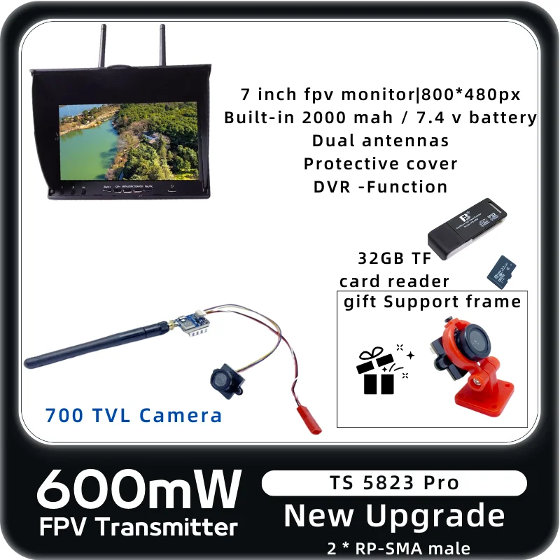 5.8G analog video transmission with 600mw power output for channel 48, featuring a wide-angle camera fpv 7inch display screen