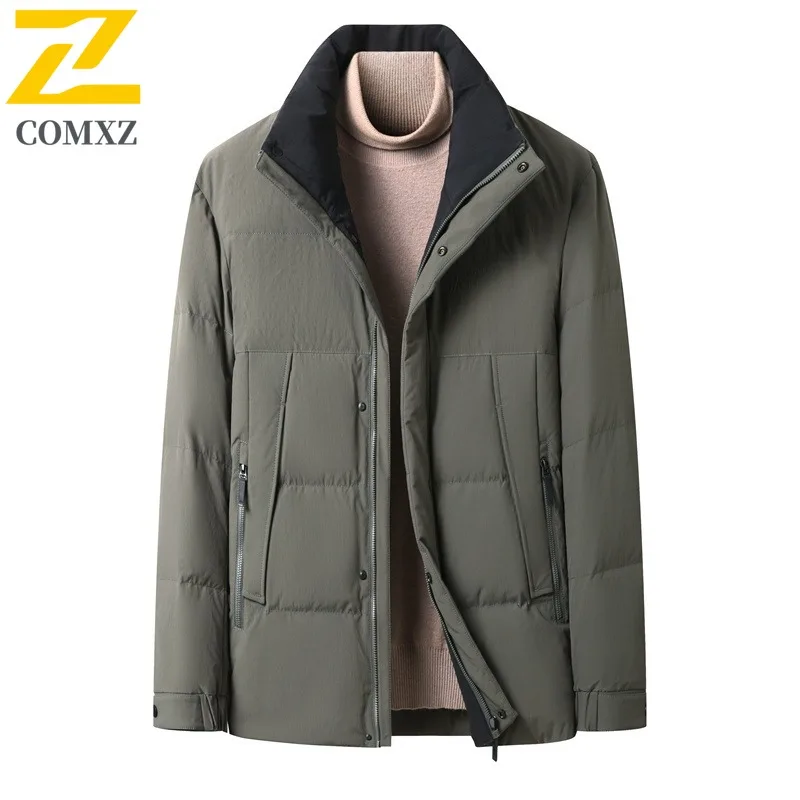COMXZ Puffer Coat Mens Stand Collar Solid Color Working Warm Jacket High Quality Business Casual Down Winter Lightweight Wear