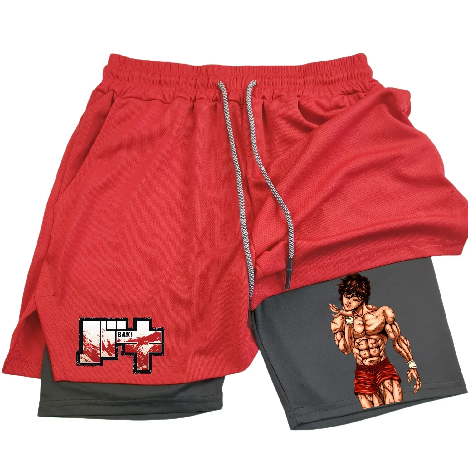 

Anime Hanma Baki Men's Sports Shorts Black 2-in-1 Mesh Quick Drying Board Shorts Men's Fitness Running Shorts