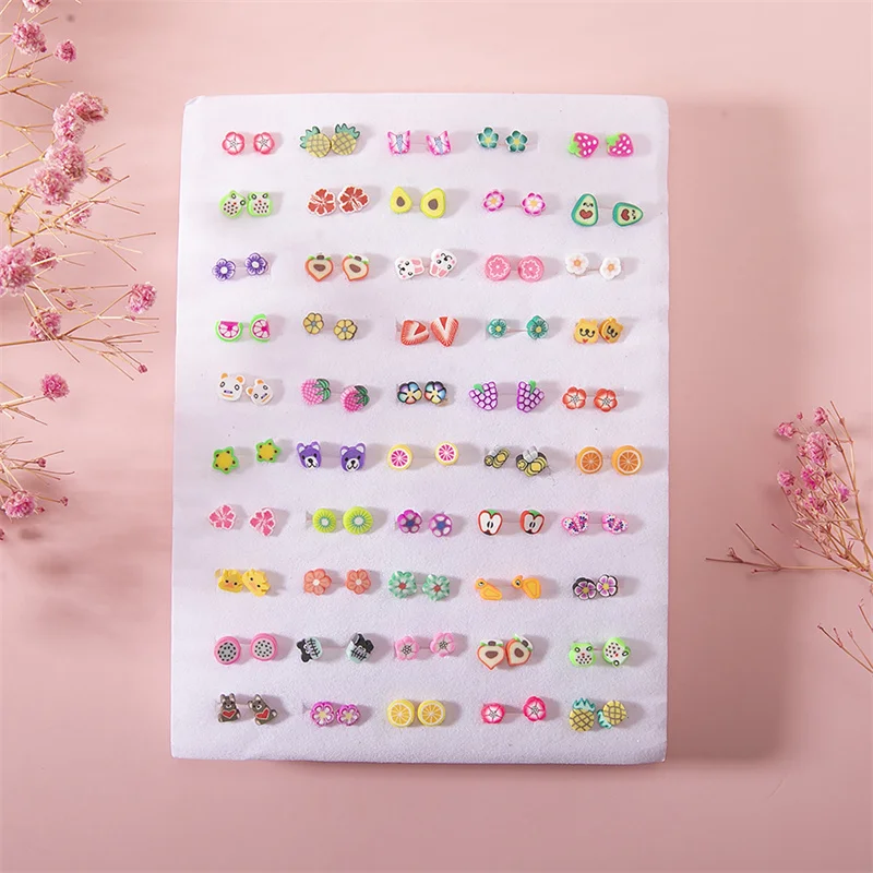 New 50Pair/set Mixed Style Clay Stud Earrings Set Women Girls Small Plastic Animals Fruit Earrings Set Jewelry Gifts