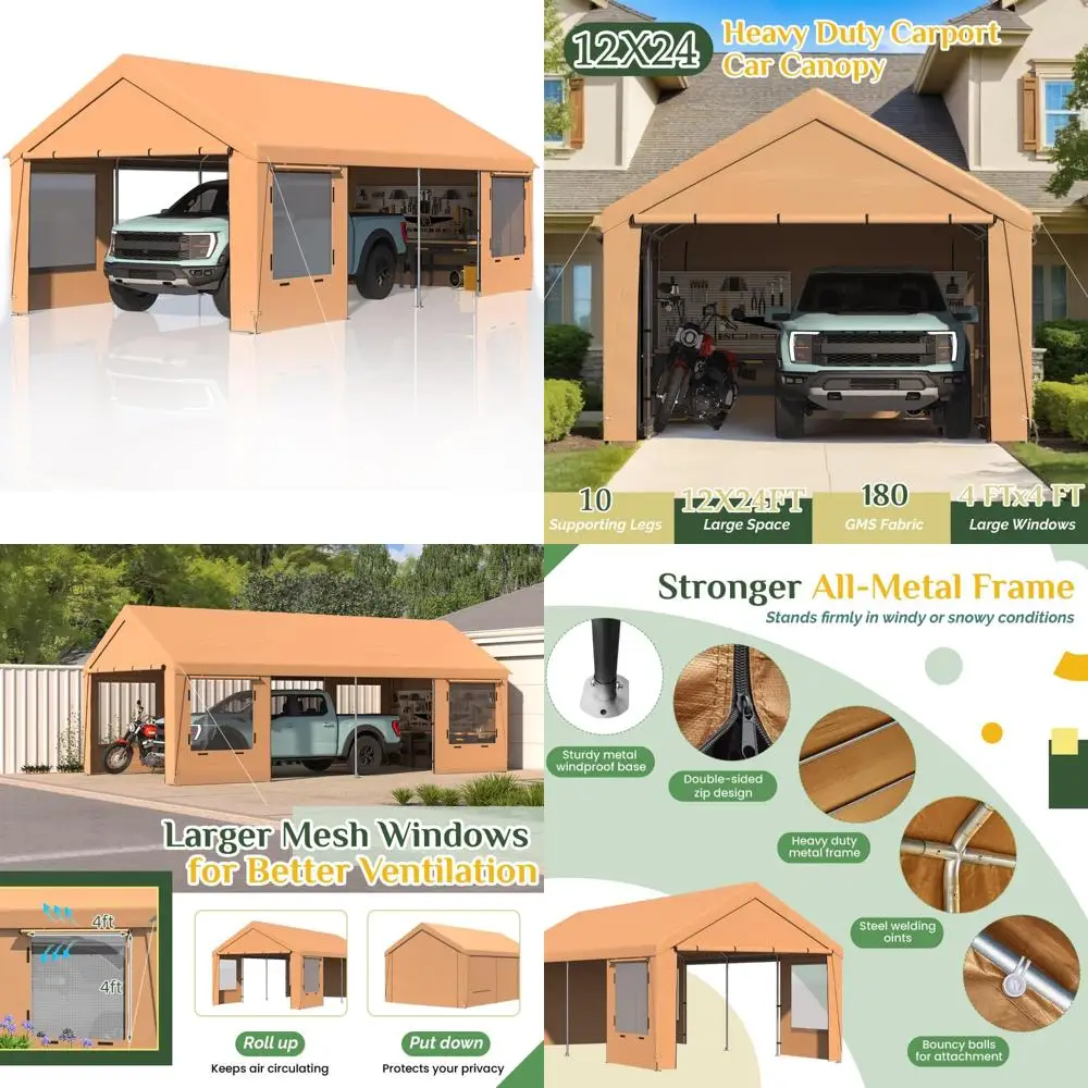 

Carport, сверхмощный навес 12 x 24 фута с закатанными окнами, портативный гараж со съемными боковыми стенками, автомобильный навес с мешками с песком.