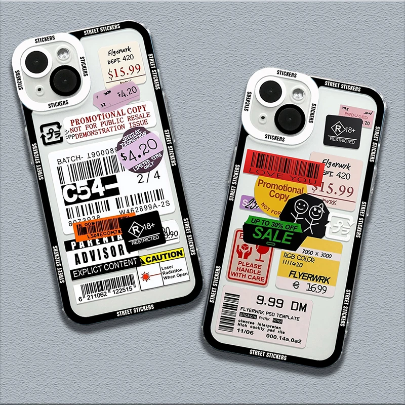 Mix Labels Collage Aesthetic Stickers Phone Case For iPhone 15 14 13 12 11 Pro Max Mini XS X XR SE2 7 8 Plus Soft Silicone Cover