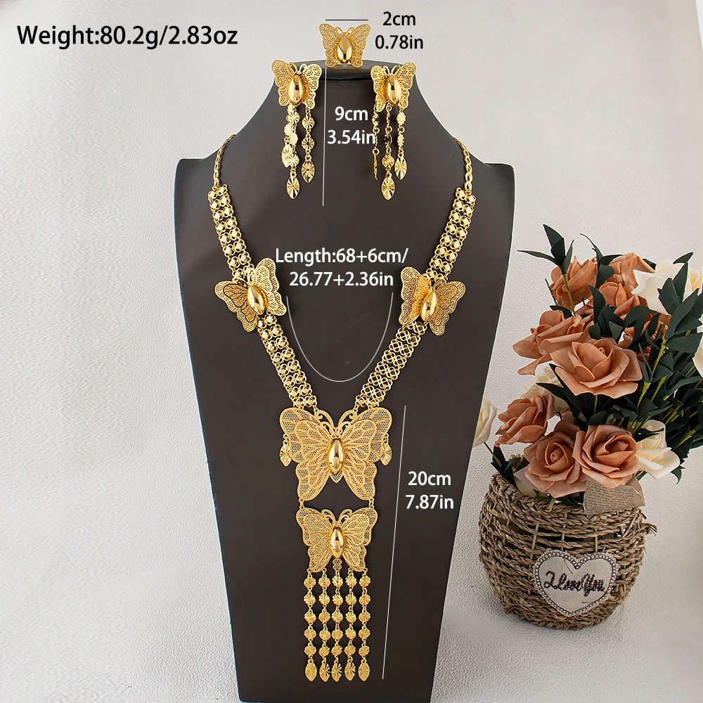 Butterfly tassels 3pcs Jewelry Set Middle East Gold-Plated Necklace Earrings Ring Dubai Nigerian Bride's Wedding Wear Accessory