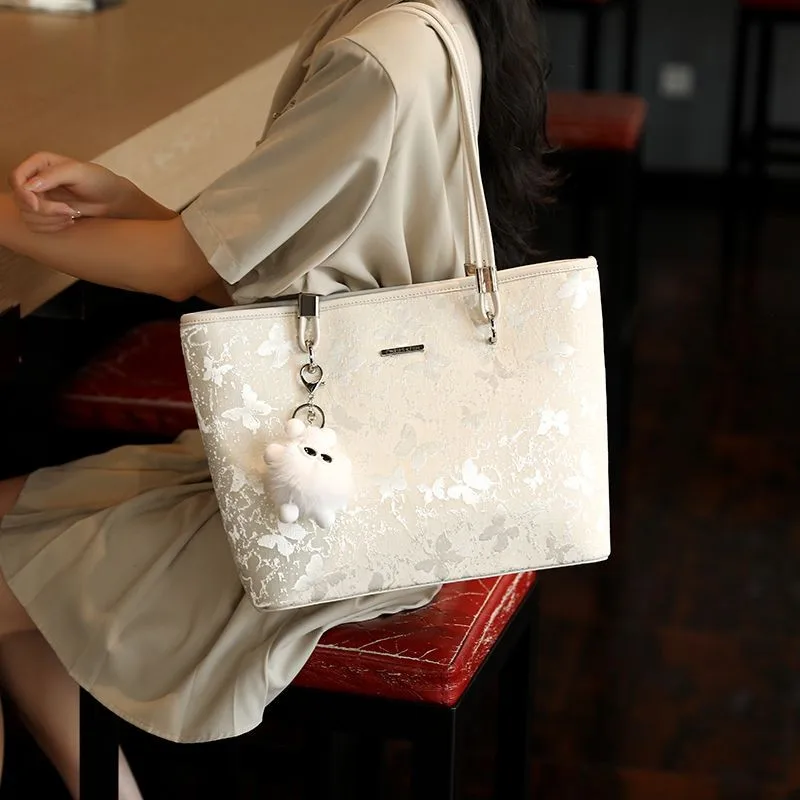 

White Butterfly Print Tote Bag Women Elegant Desiqner Luxury Bag Ladies Large Capacity Commuter Versatile Leather Shoulder Bag