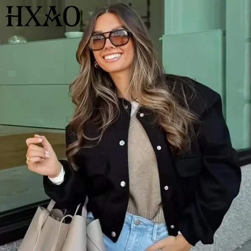 

HXAO Women's Jackets Soft Tweed Bomber Jacket Demi-Season Crop Long Sleeve o-Neck Coat Black Grey Khaki Beige Darkgrey Outerwear