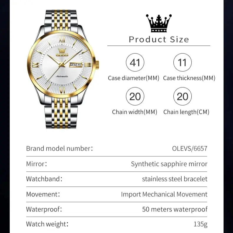 OLEVS 6657 Men Watch Luxury Imported Movement Sapphire Mirror Automatic Mechanical Watch Fashion Waterproof Date Week Men Watch