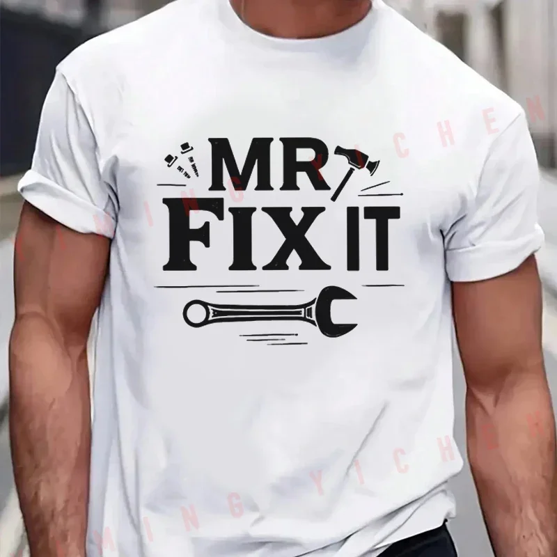 Men's Summer Cotton T-shirt Mr Fix It With Wrench And Tools Graphic Motorcycle Tshirt Short Sleeve O-Neck Tops