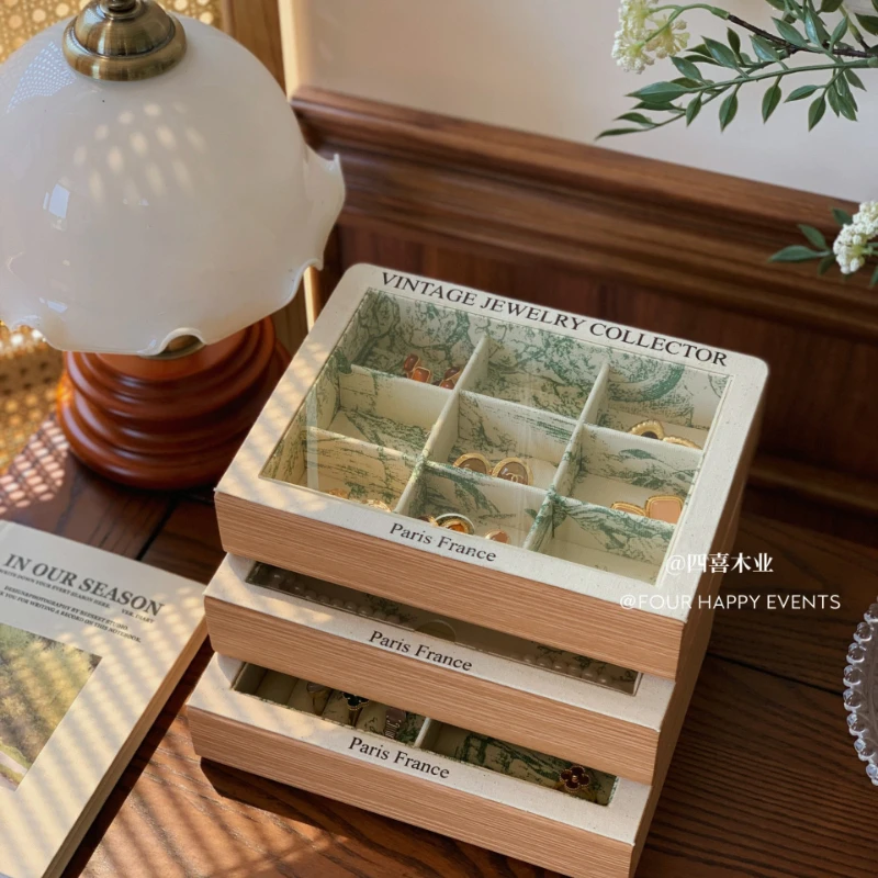 

French Style Wooden Jewelry Box with Lid Elegant Necklace Display Dust-Proof Storage Organizer Decorative Tray for Dresser