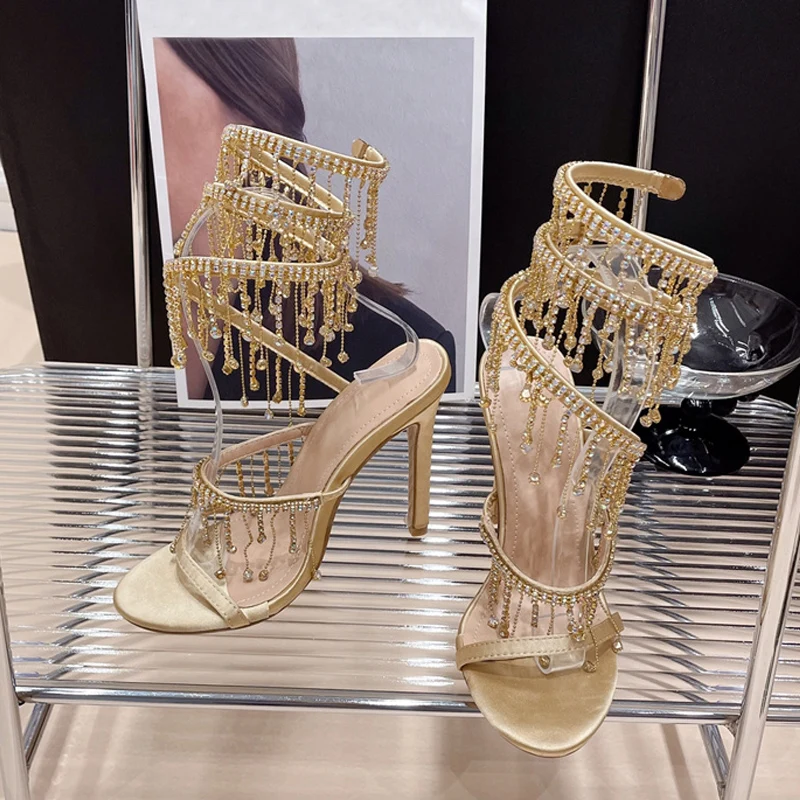 Luxury Women Shoes Elegant Wedding Banquet Shoe Fashion Crystal Tassel Twining Stiletto Sandals for Women Sexy Open Toe Stripper