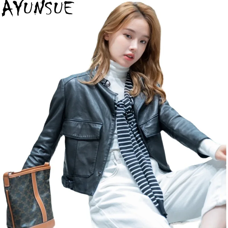 AYUNSUE Echtes Schaffell Echt Leder Jacke Frau 2025, Motorrad Mantel Damen Frühling Herbst Kleidung Stehen Kragen Jaqueta Couro