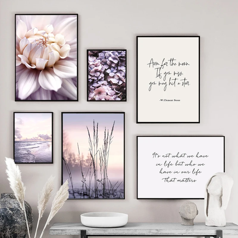 Posters Print Flower Pictures Purple Dahlia Reed Wall Art Simple Line Landscape Canvas Painting Nordic Room Home Wall Decor