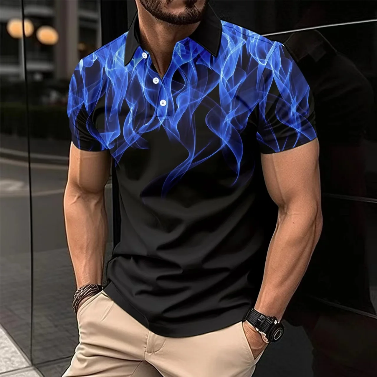 New Flame Polo Shirt Men's Top T-shirt Summer trend button lapel Everyday men's Polo shirt