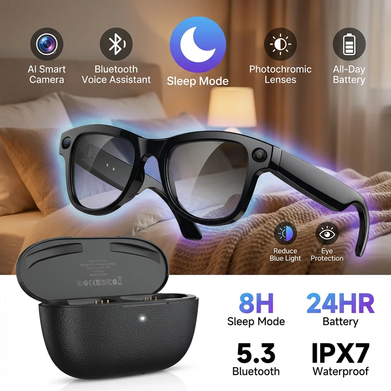 AI Smart Camera Glasses Bluetooth Voice Assisatant Music Sunglasses 2026 Sports Headphones Photochromic Eyewear Charging Case