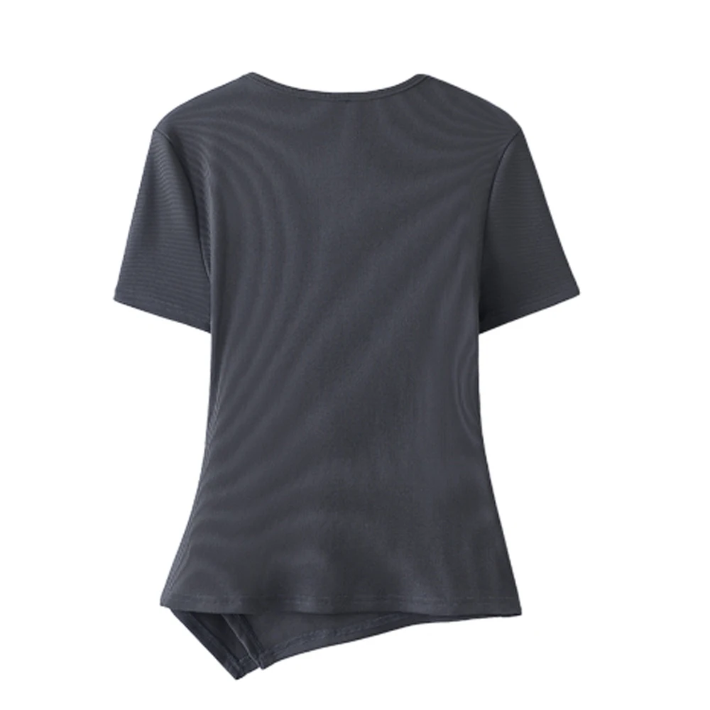 Grey short sleeved T-shirt women's summer new high-end cotton fashionable plus size pleated irregular V-neck casual top