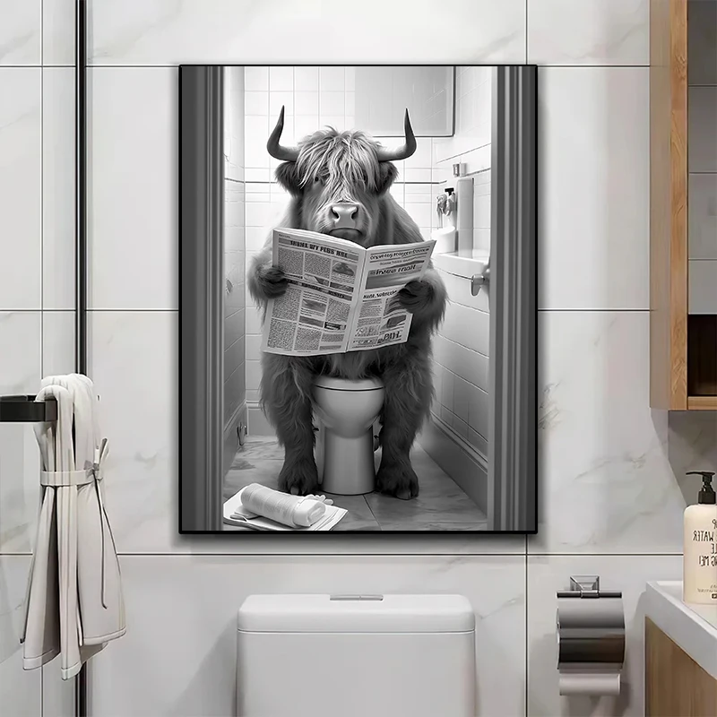 Śmieszna Łazienka Lew Krowa Siedząca Na Toalecie Czytanie Gazeta Plakat Nowoczesna Sztuka Ścienna HD Obraz Na Płótnie Do Pokoju Wystrój Domu — zdjęcie 5