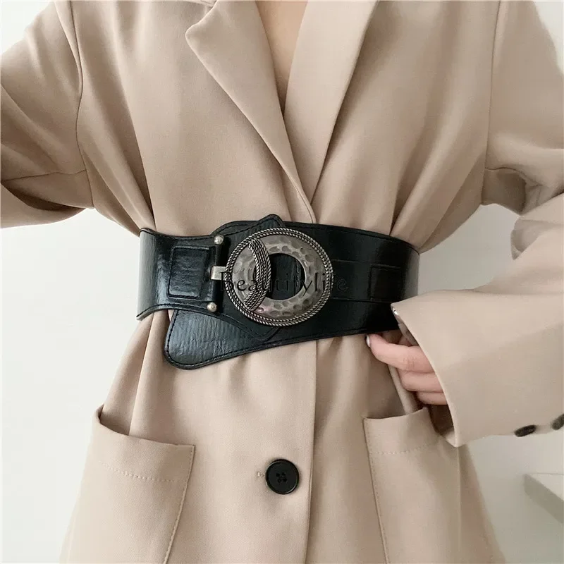 Retro European and American belt waist versatile fashion dress coat elastic elastic waist seal