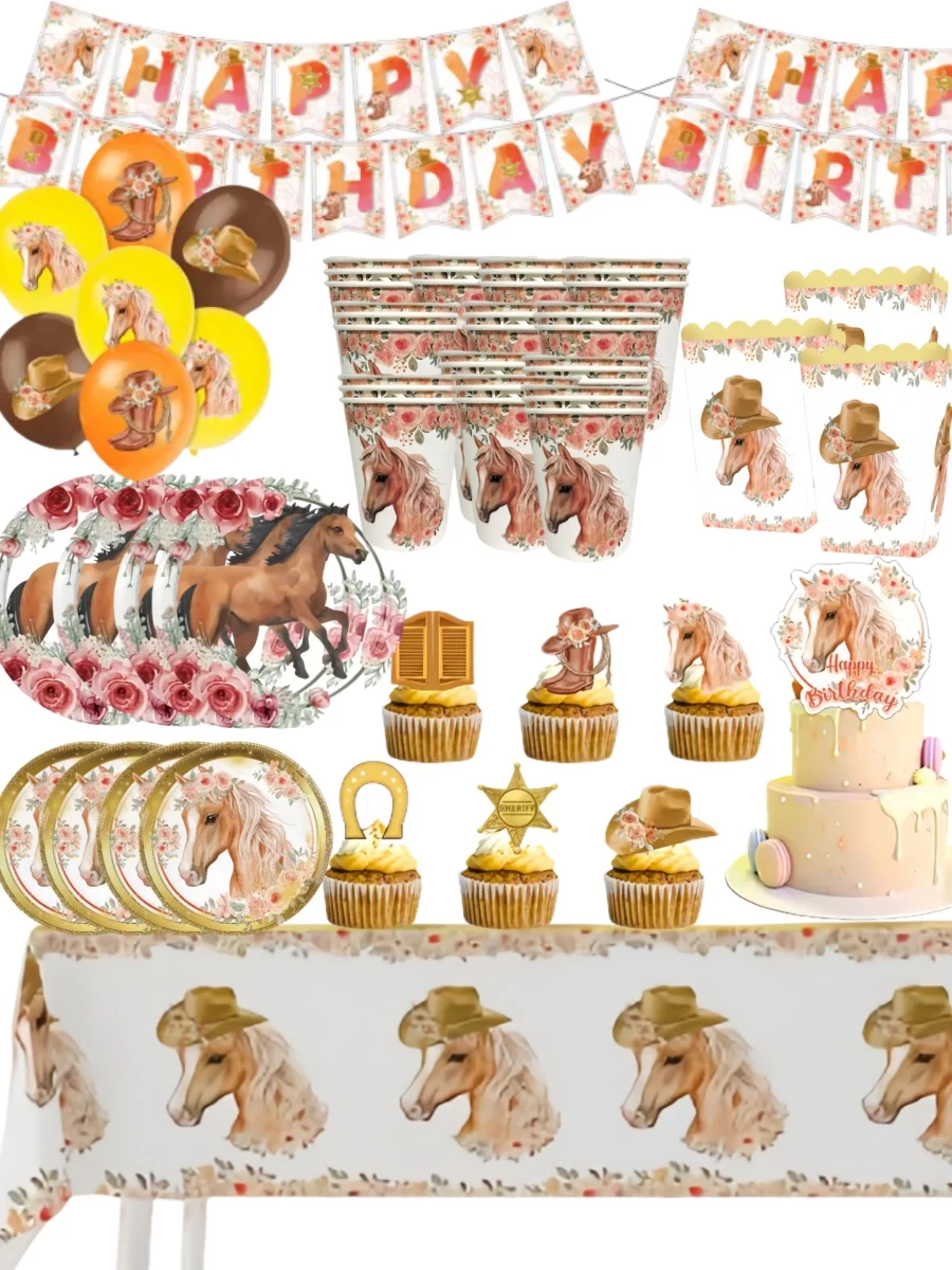 Décoration de fête cheval, vaisselle, tasse, assiette, nappe, serviettes, ballons cheval, fournitures de fête d'anniversaire pour bébé