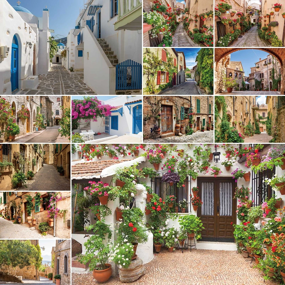 

MOON.QG Mediterranean Towns Backdrops Road Flower Pots Alley Photo Background Baby Shower Wedding Decoration Photobooth Shooting