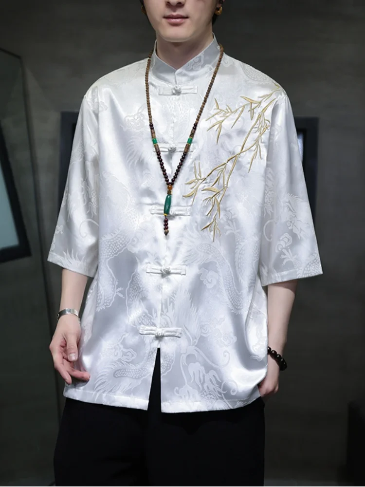 

Ice Silk ort Sve irt Men's Summer Thin Five Sve Top New Chinese Sle Men's Faion Embroidered Tang Costume Hanfu