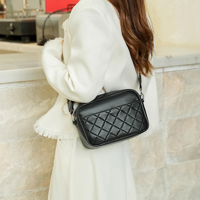 Fashion Genuine Leather Women's Bag Top Layer cowhide Crossbody Bag Versatile Women's Bags Solid Color Small Square Bag