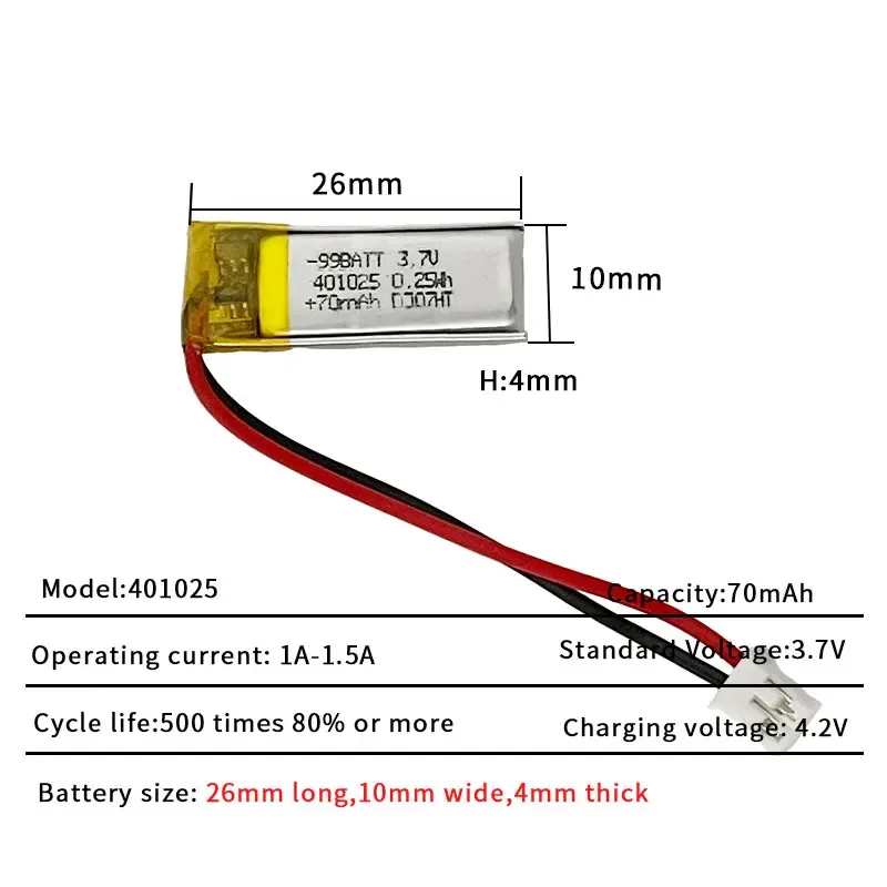 10 Pcs 401025 3.7V 70mAh Lipo Rechargeable Polymer Lithium Battery Backup for Bluetooth Headphones Writing Pens Selfie Sticks
