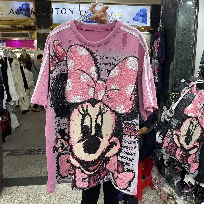 المرأة Y2k Kawaii تي شيرت شعبية فضفاضة قصيرة الأكمام أعلى الصناعة الثقيلة منشفة التطريز المتعثرة الكرتون الشباب بلايز #2