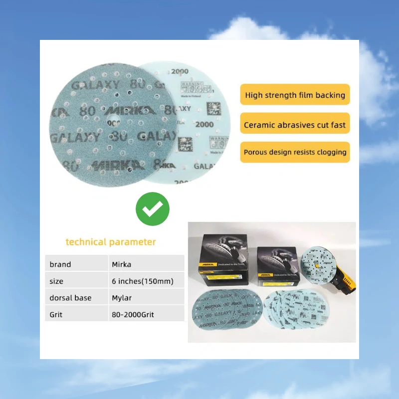 Mirka Galaxy 6 Inch 150mm Round Sandpaper Flocking Porous Vacuum Disc Automotive Polishing Car Beauty Grinding Abrasive Tools