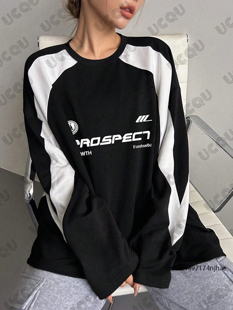 Neue Ankunft Herbst Frauen Langarm T-Shirts Vintage Patchwork Druck Sweatshirts Oansatz Casual Sport Pullover Übergroßen Tops
