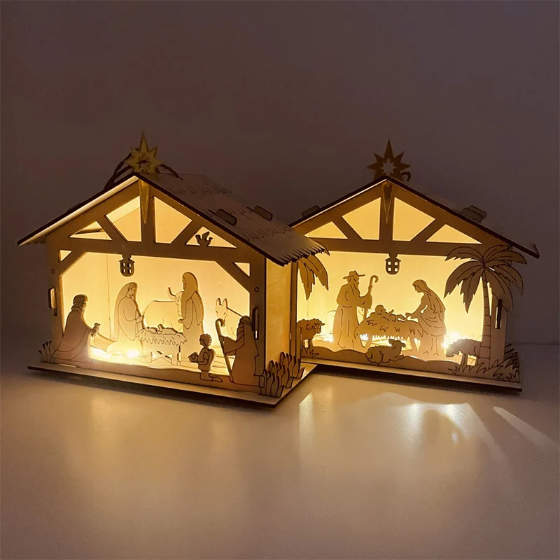 Christmas Wooden  Scene Ornaments Nativity Scene Ornaments Nativity Scene Pendant With LED Light for Wall Window Christmas Decor