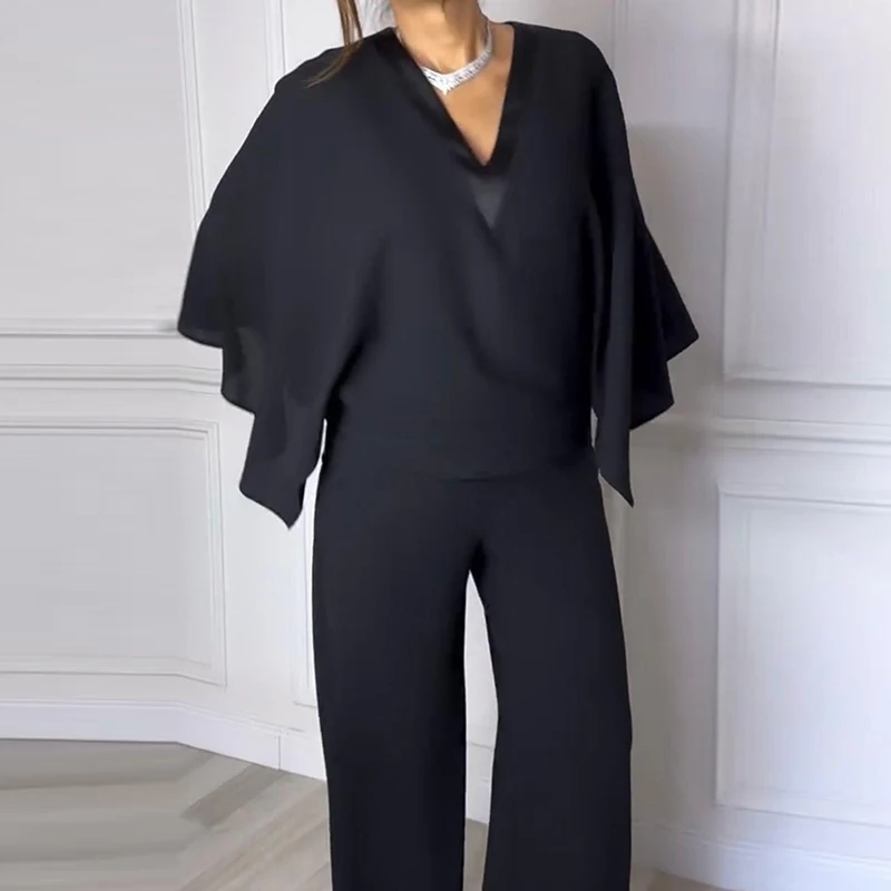 

Simple and comfortable long fashionable jumpsuit with V-neck bat sleeves solid color jumpsuit wide leg casual party jumpsuit