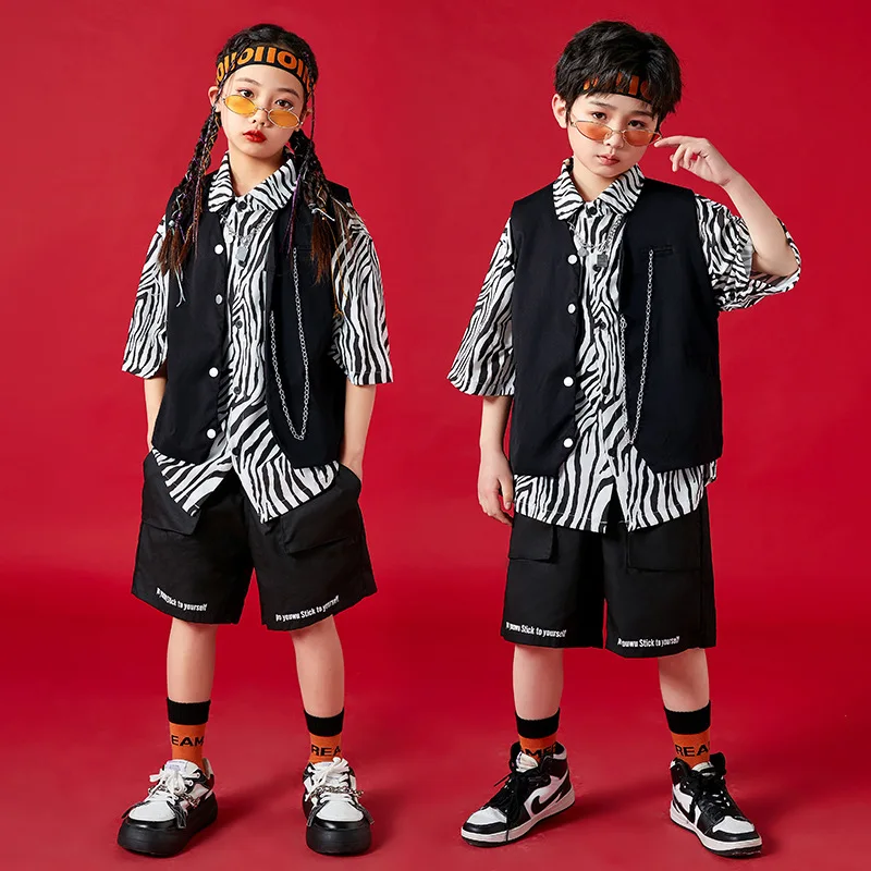 

Boys Hip Hop Vest Striped Shirt Black Shorts Girls Jazz Clothes Sets Children Streetwear Kids Stage Street Dance Costumes 8 10 Y