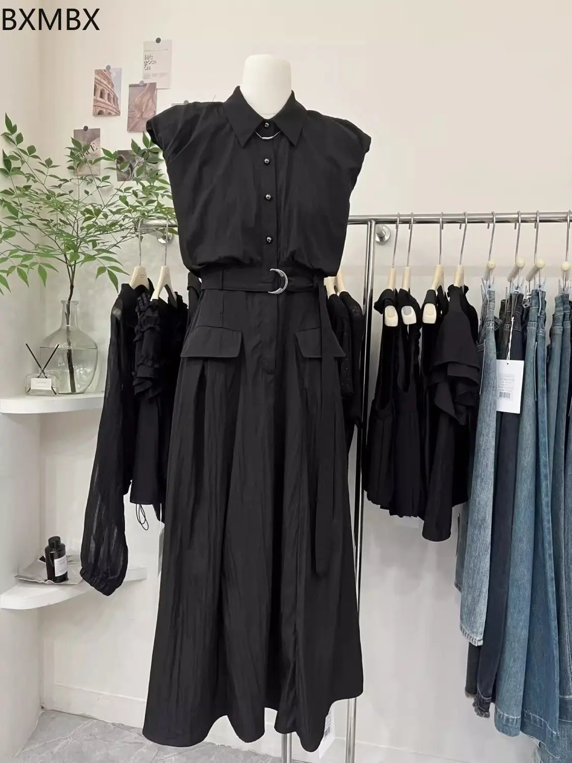 Black dress women's high waist long dress looking thin 2025 summer new shirt skirt waist sleeveless vest skirt