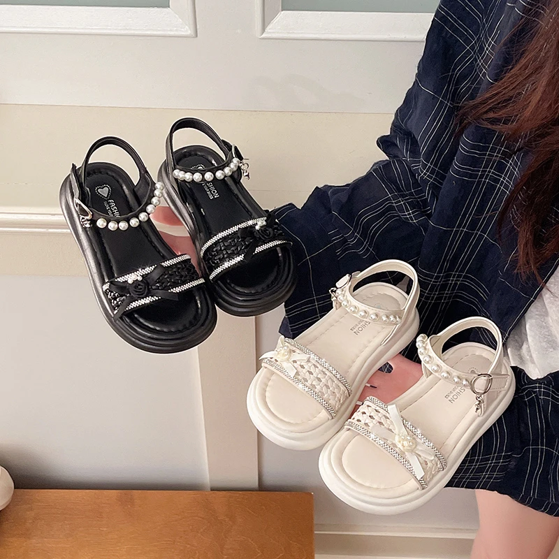 

Girls Princess Platform Sandals for Wedding Party Children Summer Shoes Elegant Bow Fashion Kids Woven Beach Sandals Non-slip