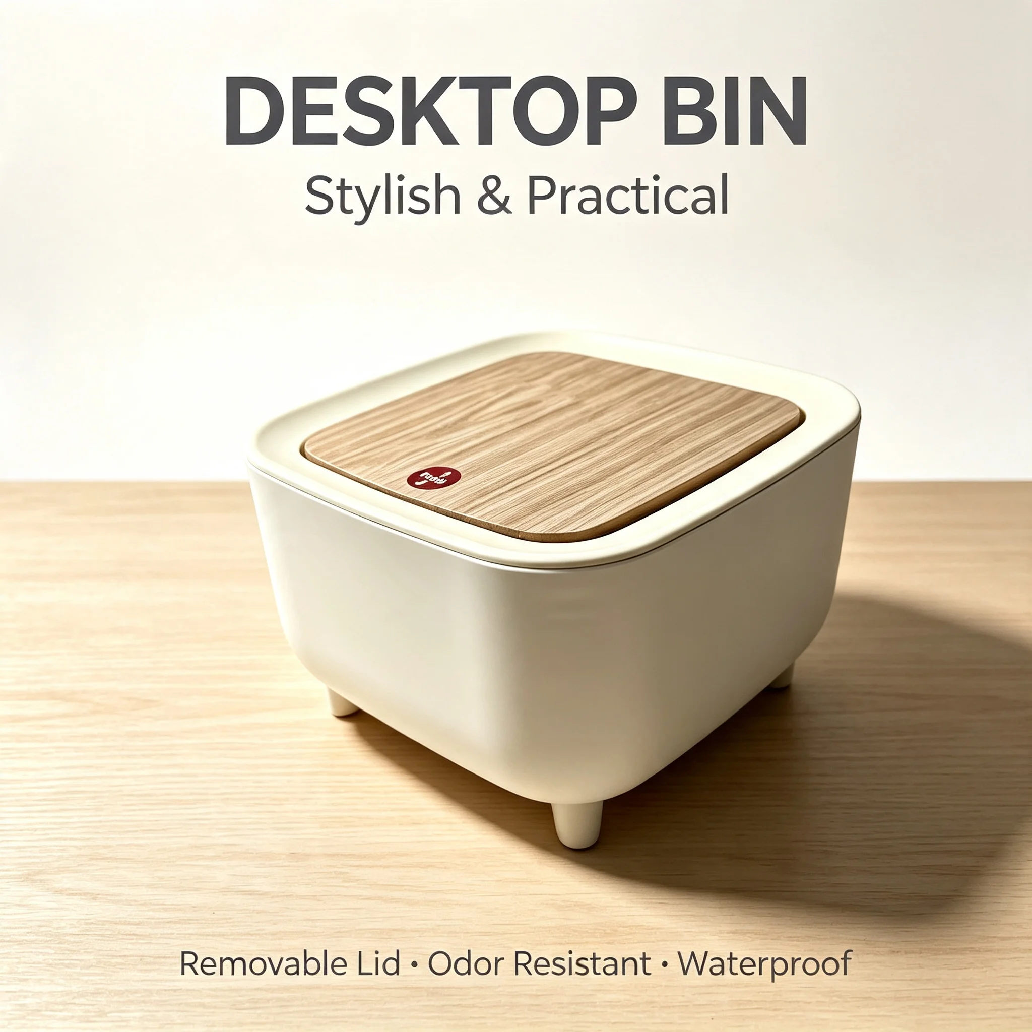 Small Square Desktop Press‑Lid Trash Bin, Wood‑Grain Look Lid Plastic Countertop Waste Basket, Minimalist High‑Leg Covered Garbage Can for Vanity, Bedroom, Bathroom, Office Desk & Home Decor