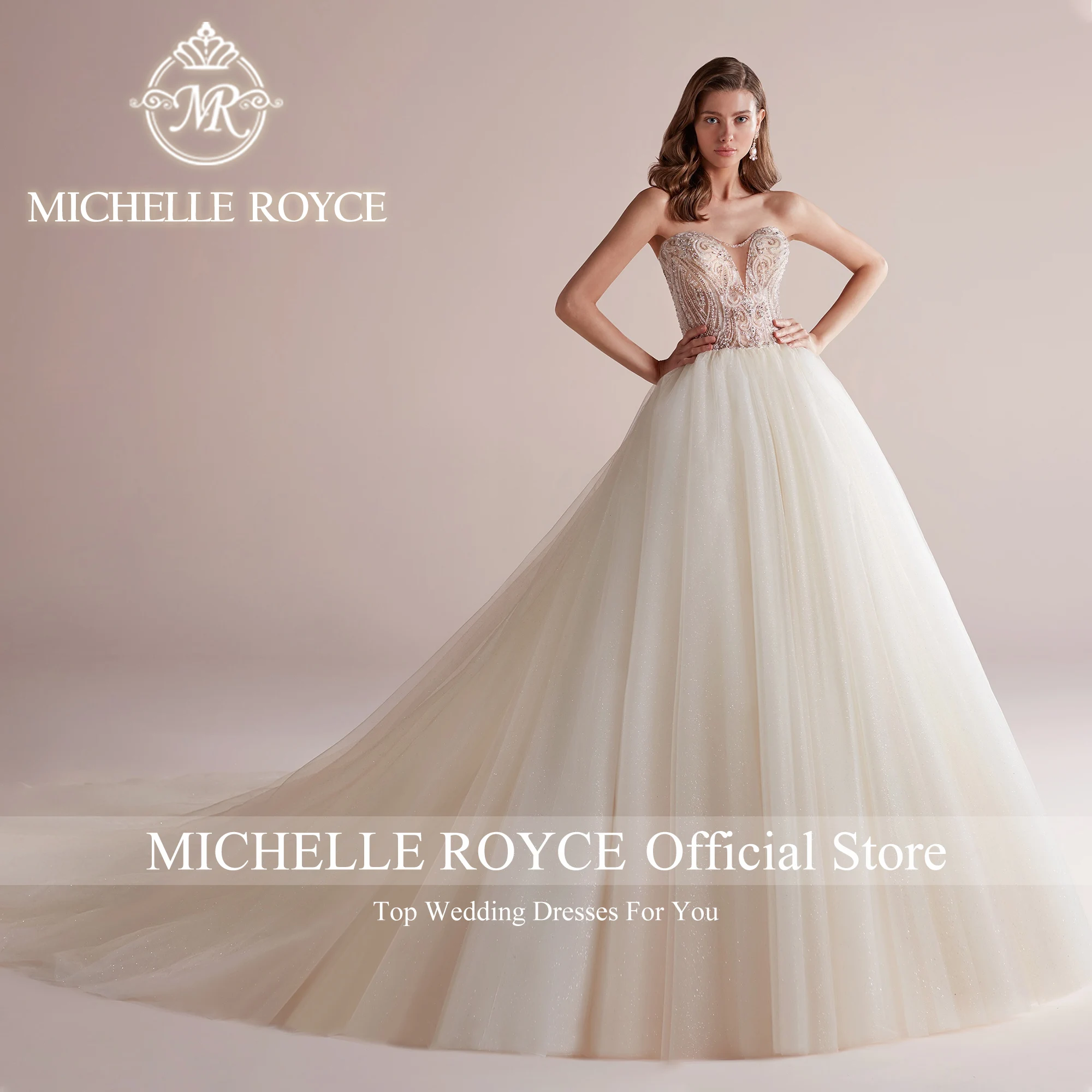 Michelle Royce ชุดเดรสชุดราตรีงานแต่งแฟชั่นใหม่2023ชุดเจ้าสาวหวานแขนกุดผ้าปะติดชุดแชมเปญ