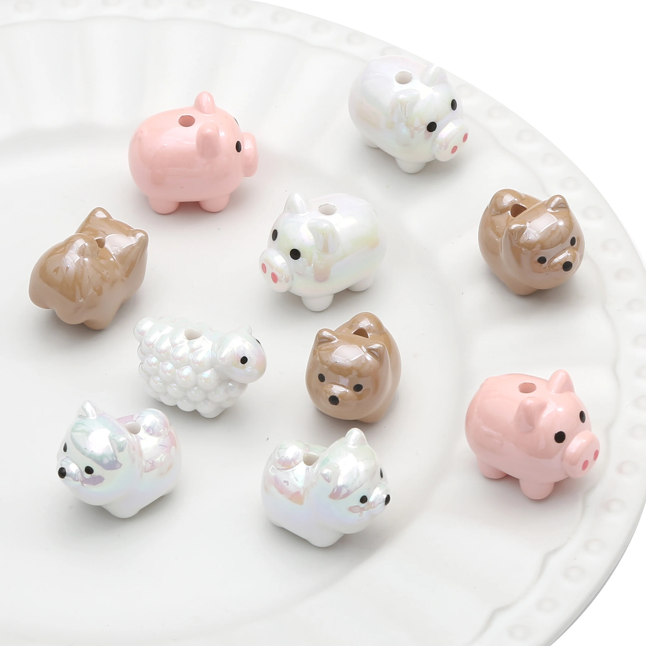 Perles d'animaux en acrylique, mouton, cochon, UV, trou de dessin animé, perles amples peintes à la main, pour bricolage, bijoux artisanaux, accessoires de fabrication