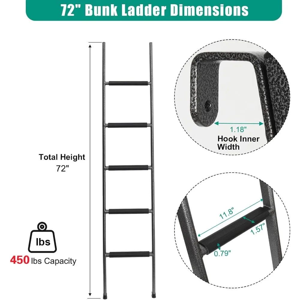 Escada de beliche antiderrapante para RV, escada de beliche de aço resistente integrada de 72 polegadas com almofadas de pé de borracha antiderrapantes e ganchos
