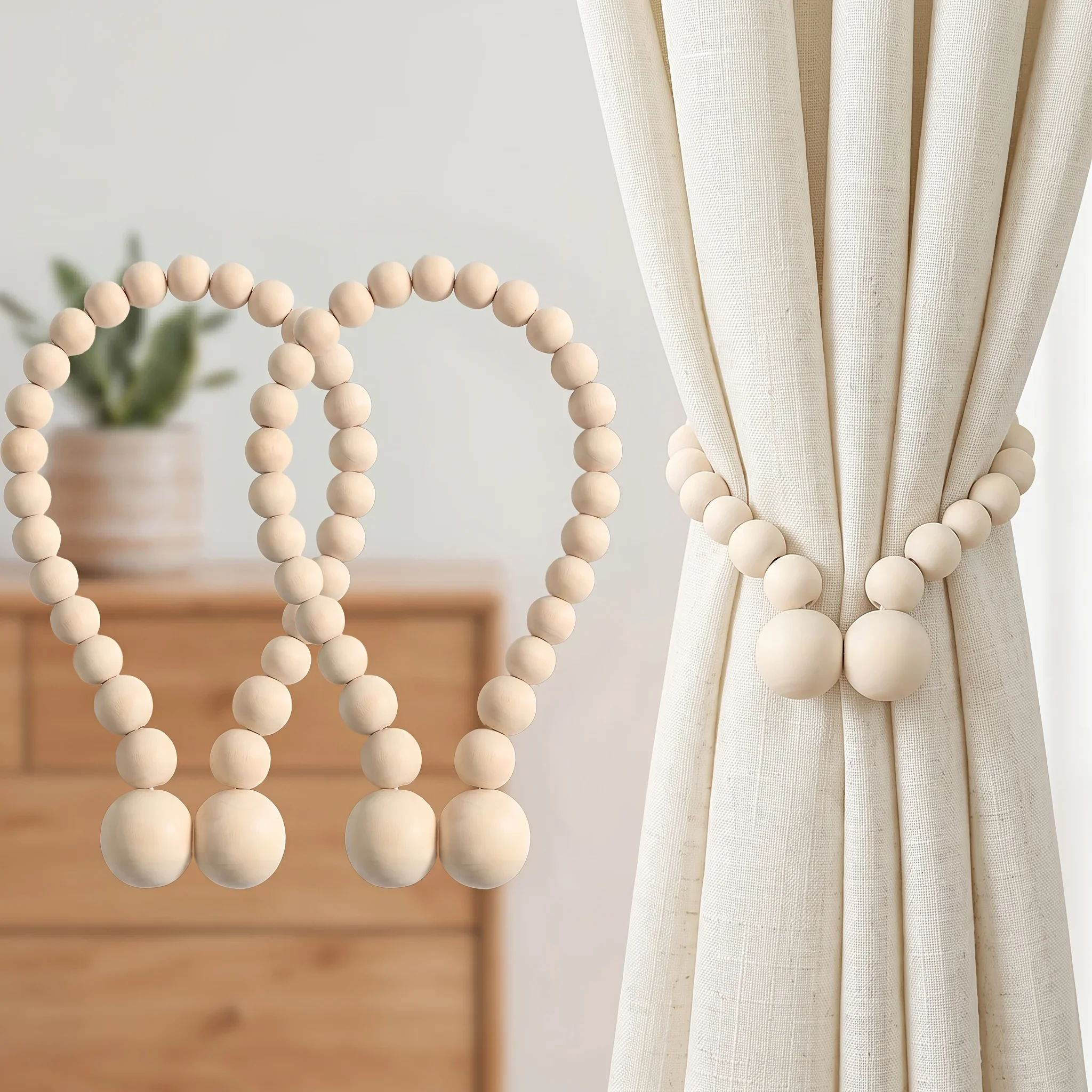 2PCS Mixed Round Natural Wood Bead Magnetic Curtain Tieback Simple Wooden Bead Holder For Farmhouse Living Room