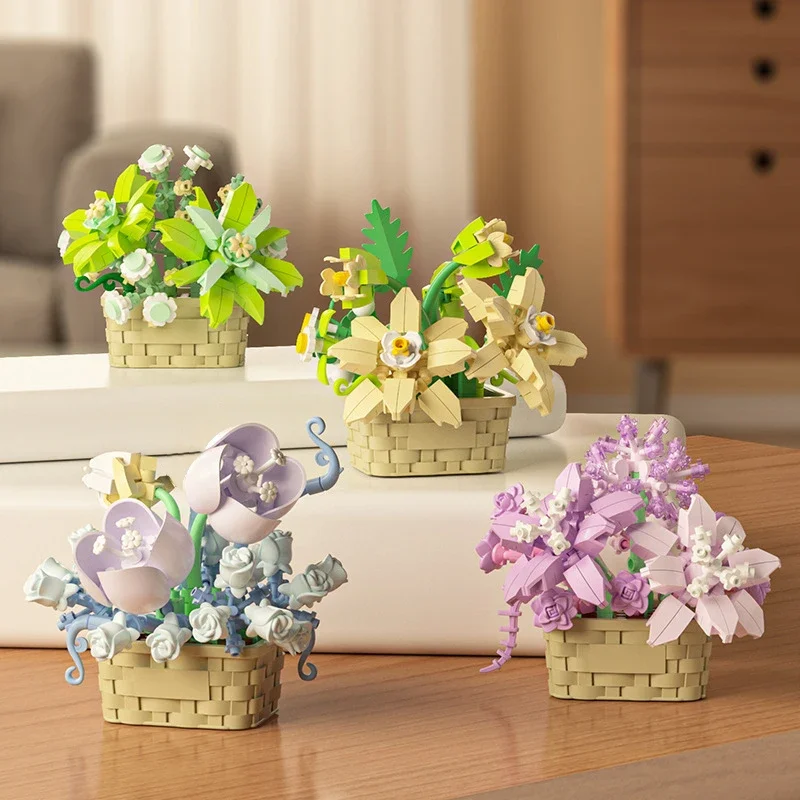 DIY MOC Potted Rose Sunflower Plants Building Blocks Set