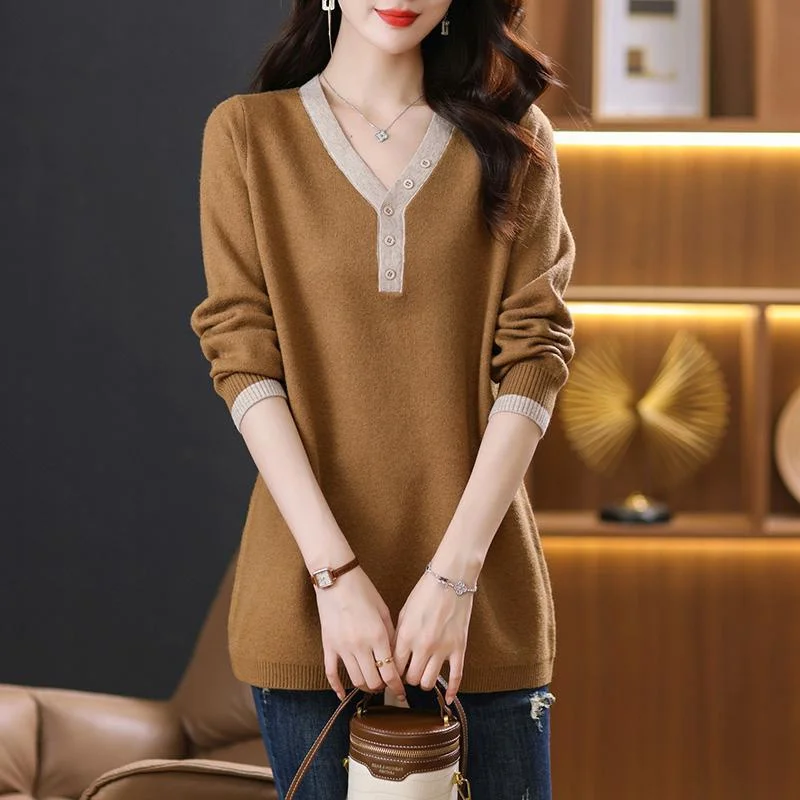 

plus Size Women's Knitted V-Neck Mid-Length Casual Sweater Spring Autumn Loose Fit Conceal Meat Slimming Comfortable Base Layer