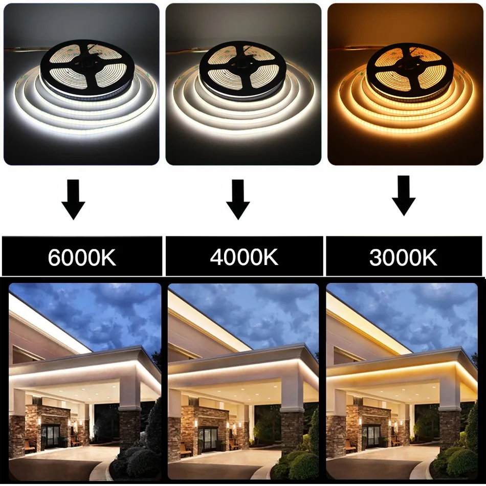 CCT COB LED Strip Light 5M High Density Dual Colour Warm Cool White Dimmable Linear Lights  24V 576leds/m Flexible Tape Rope