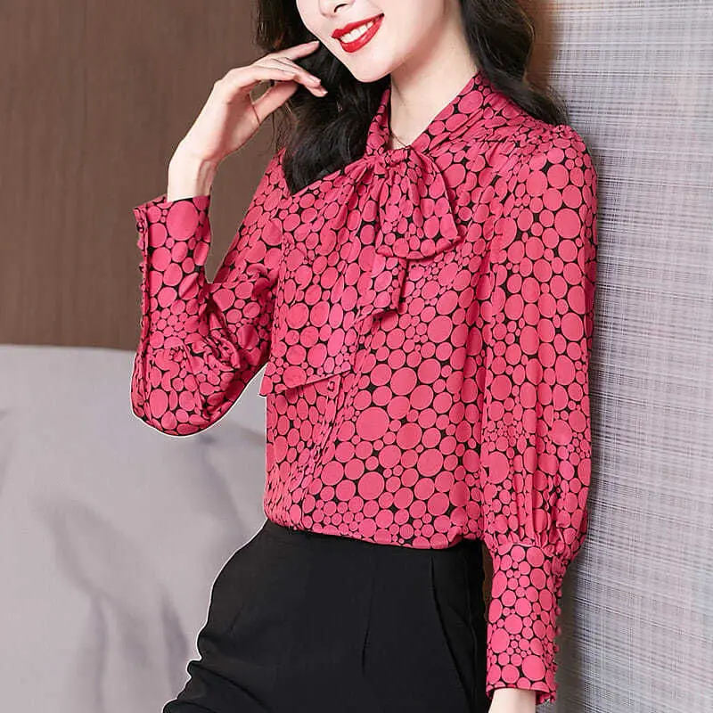 Vintage Elegant Bow Polka Dot Printed Shirt Women\'s Clothing 2022 Spring New Lantern Long Sleeve Loose Pullovers Blouse Female