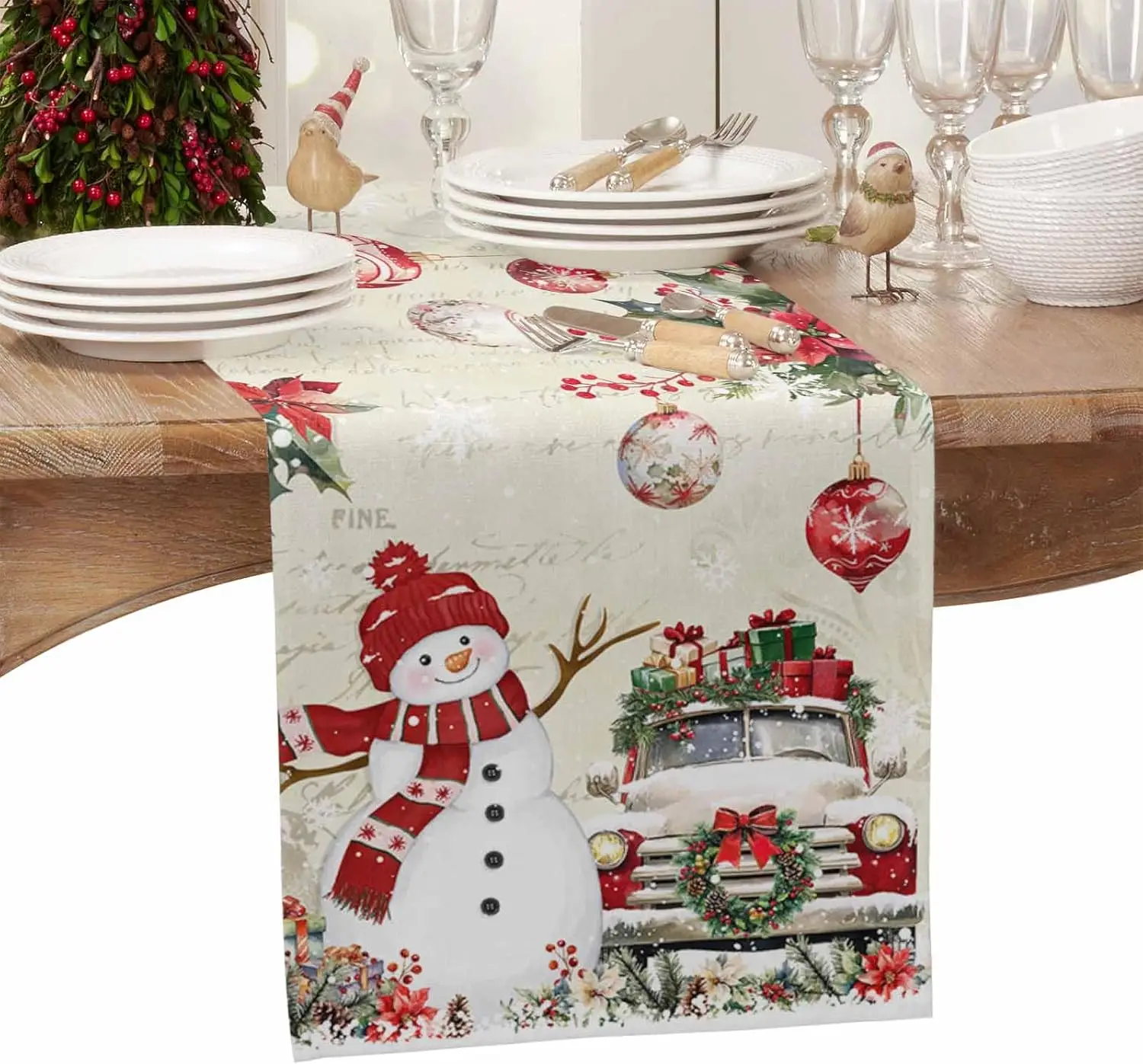 Christmas Snowman Truck Poinsettia Flower Linen Table Runner ForTable Decor Xmas Snowflakes Table Runners Christmas Decorations