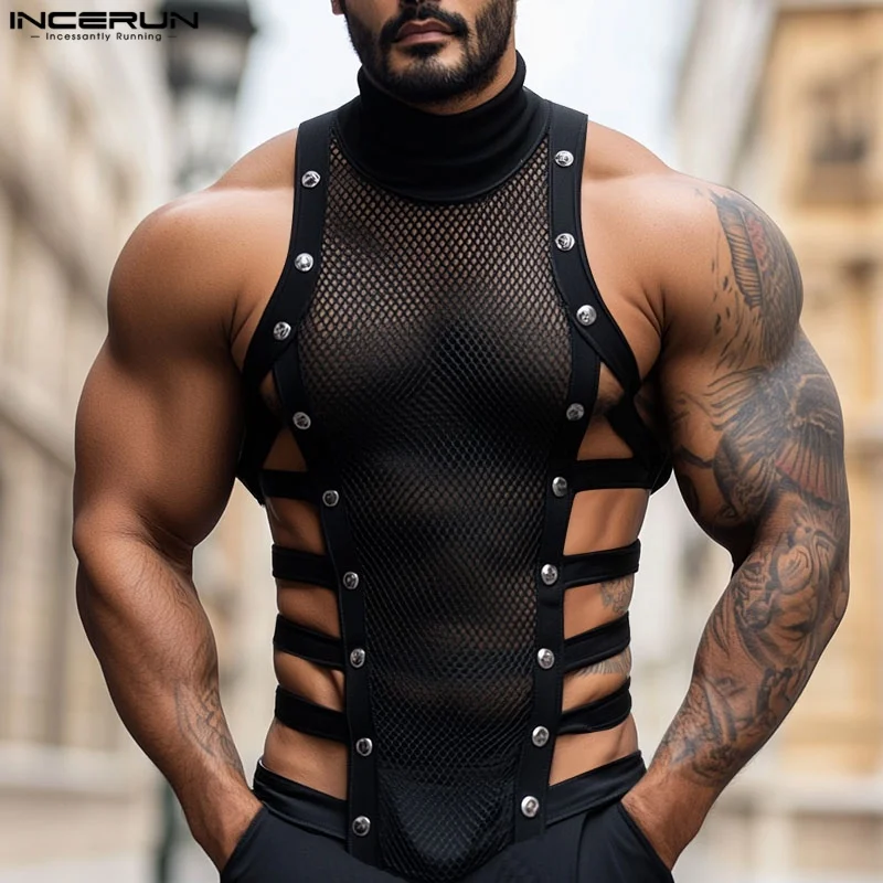 Männer Tank Tops Mesh Patchwork Durchsichtig Rollkragen Ärmellose Männliche Westen Streetwear Aushöhlen Sexy Männer Kleidung Sommer INCERUN