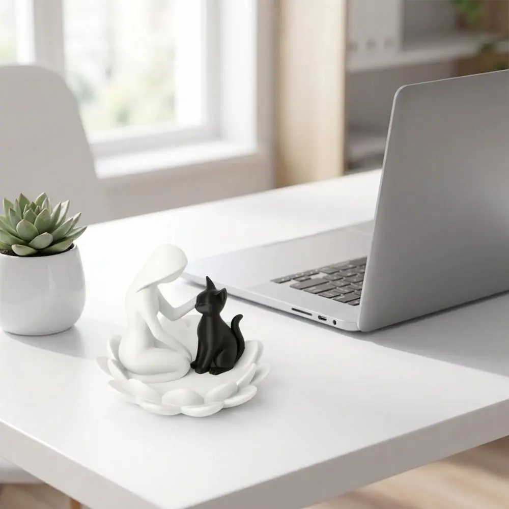 Funny 3D Printed Girl And Cat Statue Decoration Cute Desktop Ornaments Creative Cat Touching Posture Office