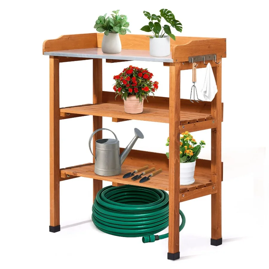 

Outdoor garden potting bench table for horticulture use, natural wood frame with metal tabletop, 2 storage shelves and 3 hooks,