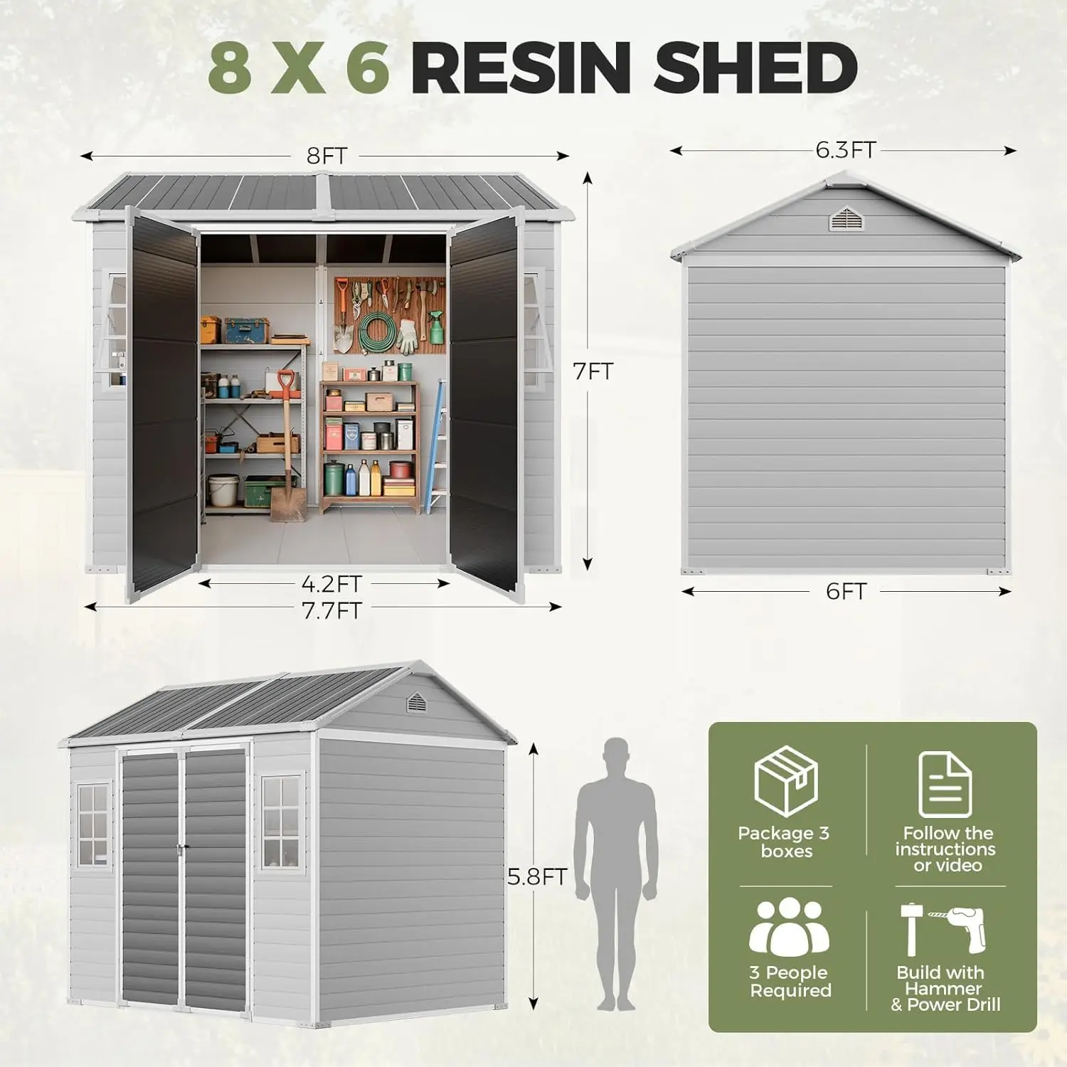 Resin Shed with Floor & Openable Windows Weatherproof Outdoor Storage Garden Tool Shed Lockable Door Backyard Patio, Customized