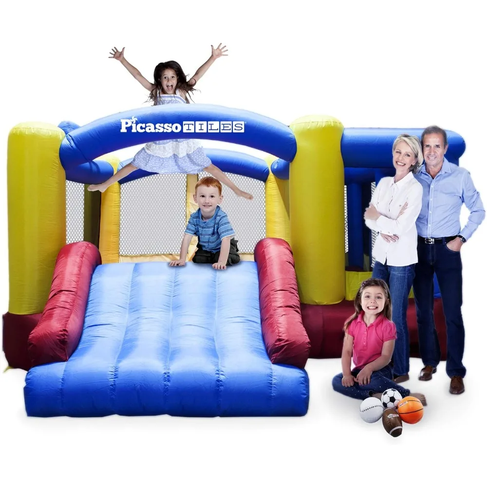 KC102 12x10 Foot Inflatable Bouncer Jumping Bouncing House, Jump Slide, Dunk Playhouse w/Basketball Rim, 4 Sports Balls